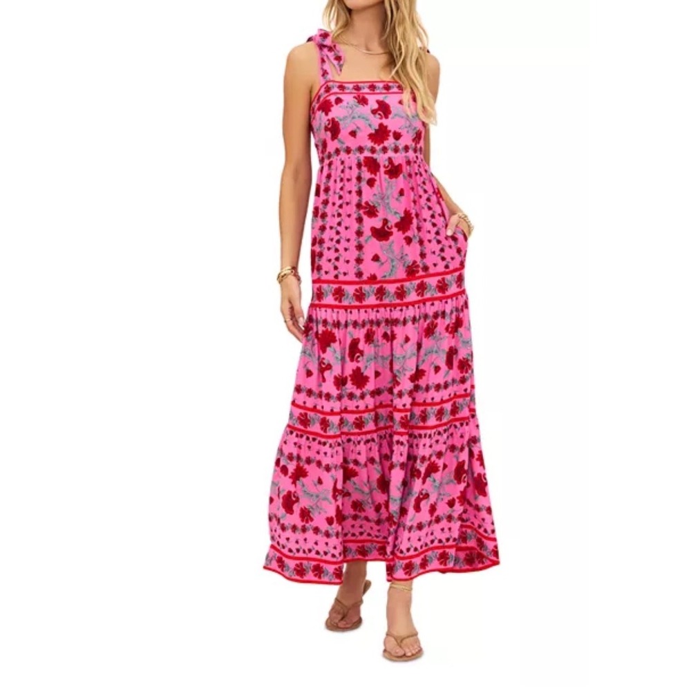 Beach Riot Charlotte Maxi Dress XL Pink Floral Boho Tiered Smocked colorful